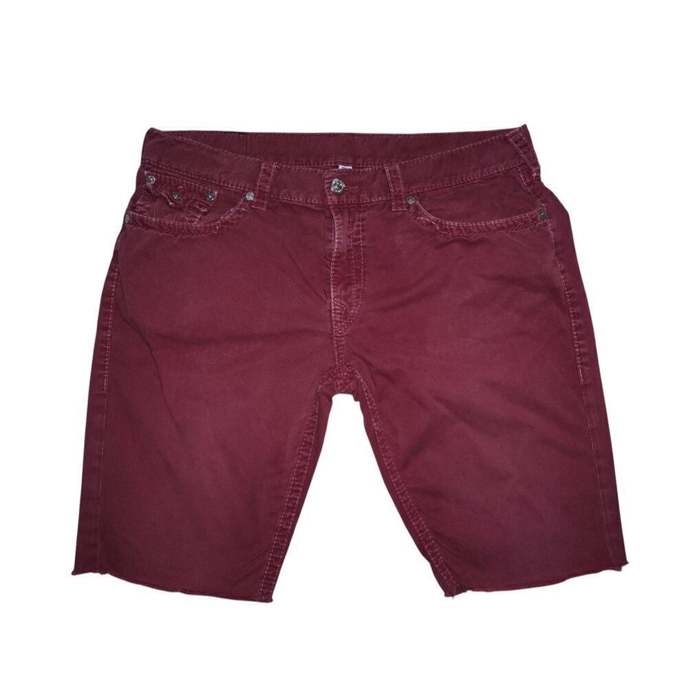 True Religion Men’s Straight Shorts Red Denim Cutoff Distressed Size 36